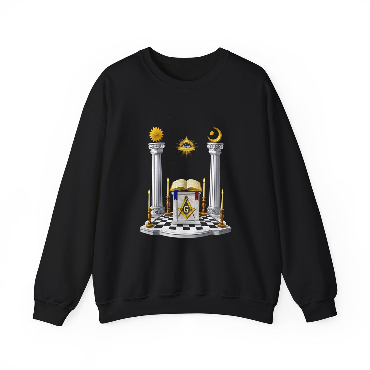 Master Mason Blue Lodge Sweatshirt - S&C G with Altar Pillars and Eye on Checkered Floor - Bricks Masons