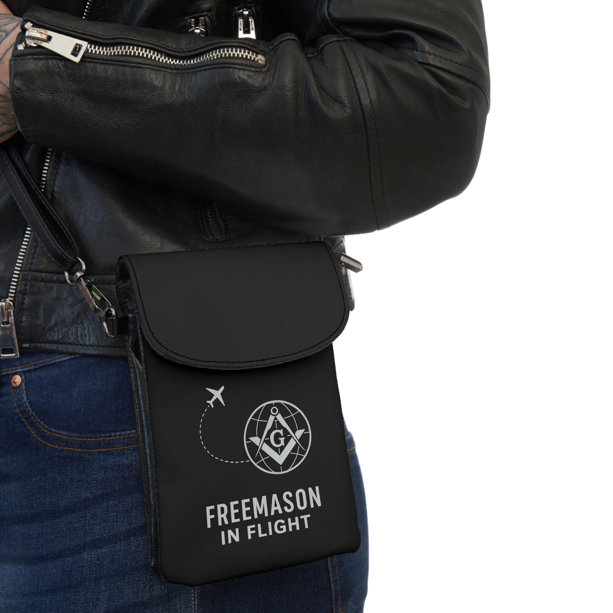 Master Mason Blue Lodge Cell Phone Wallet - Freemason In Flight Black Microfiber Leather - Bricks Masons