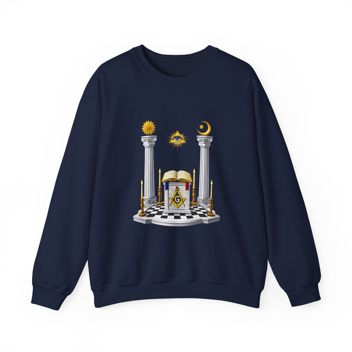 Master Mason Blue Lodge Sweatshirt - S&C G with Altar Pillars and Eye on Checkered Floor - Bricks Masons