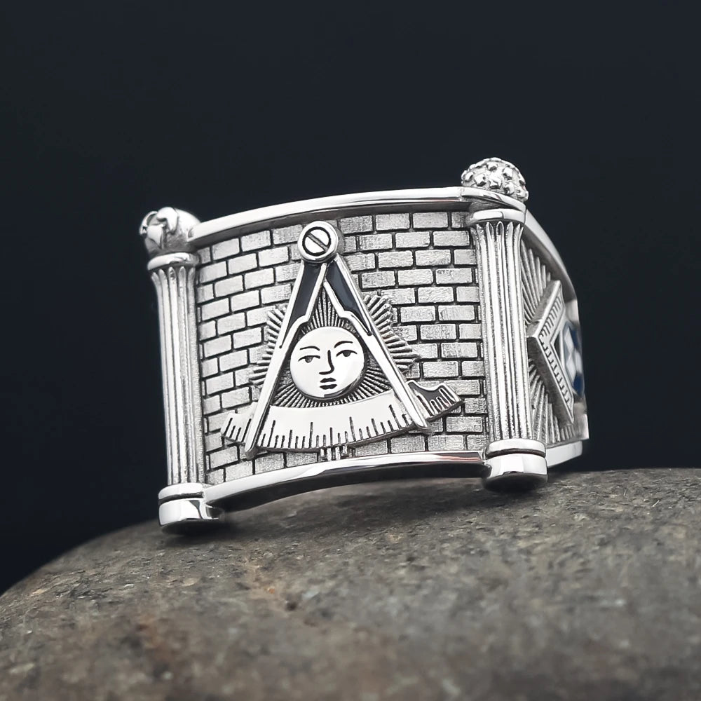 Past Master Blue Lodge Ring - Quadrant & Compass Sun with Twin Pillars Sterling Silver