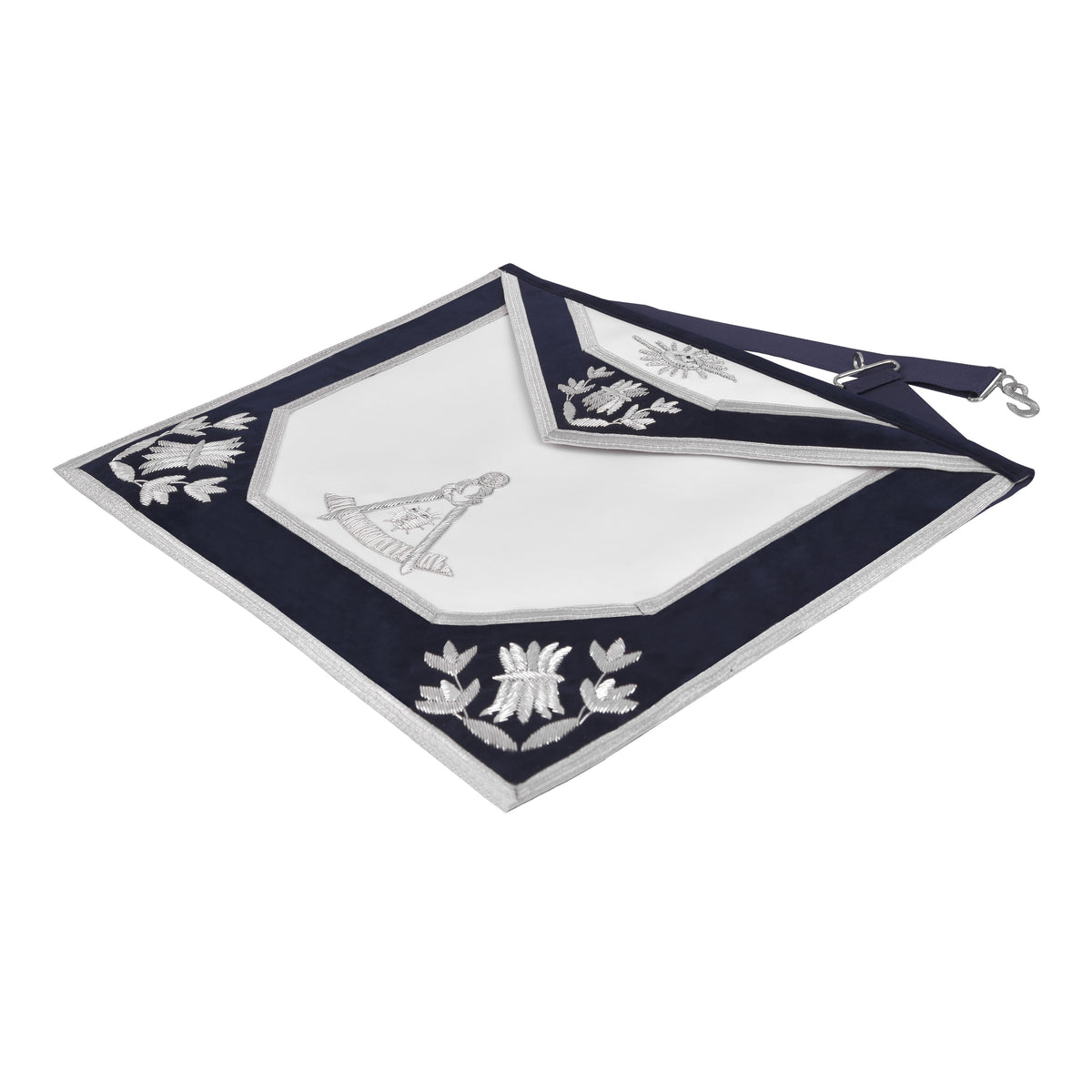 Past Master Blue Lodge Apron - Navy Velvet Borders & Silver Bullion Hand Embroidery - Bricks Masons