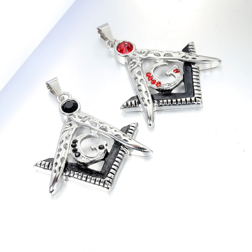 Master Mason Blue Lodge Pendant - Silver Stainless Steel Black Gemstone Square & Compass G - Bricks Masons