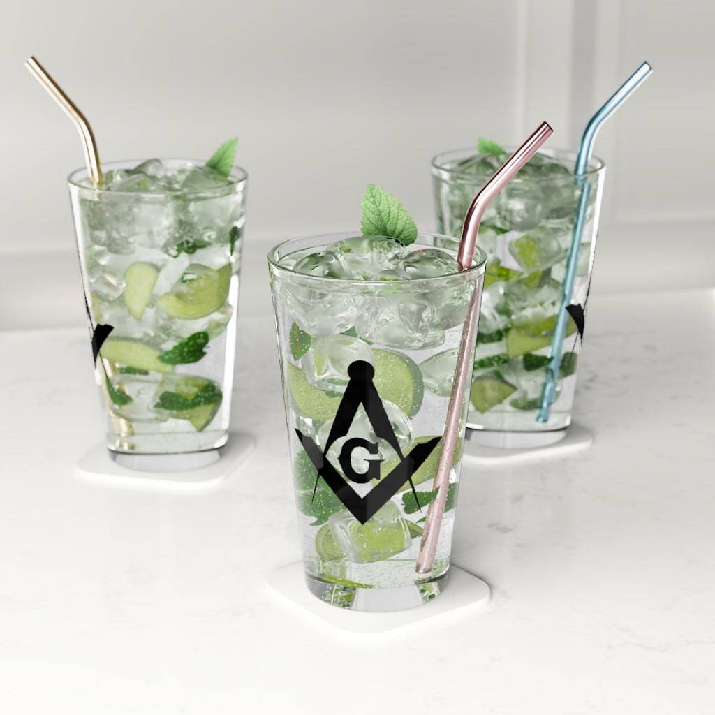 Master Mason Blue Lodge Pint Glass -16oz Black Square & Compass G - Bricks Masons