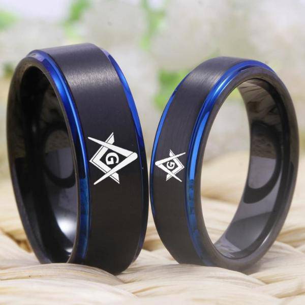 Master Mason Blue Lodge Ring - Black Blue Tungsten Personalizable - Bricks Masons