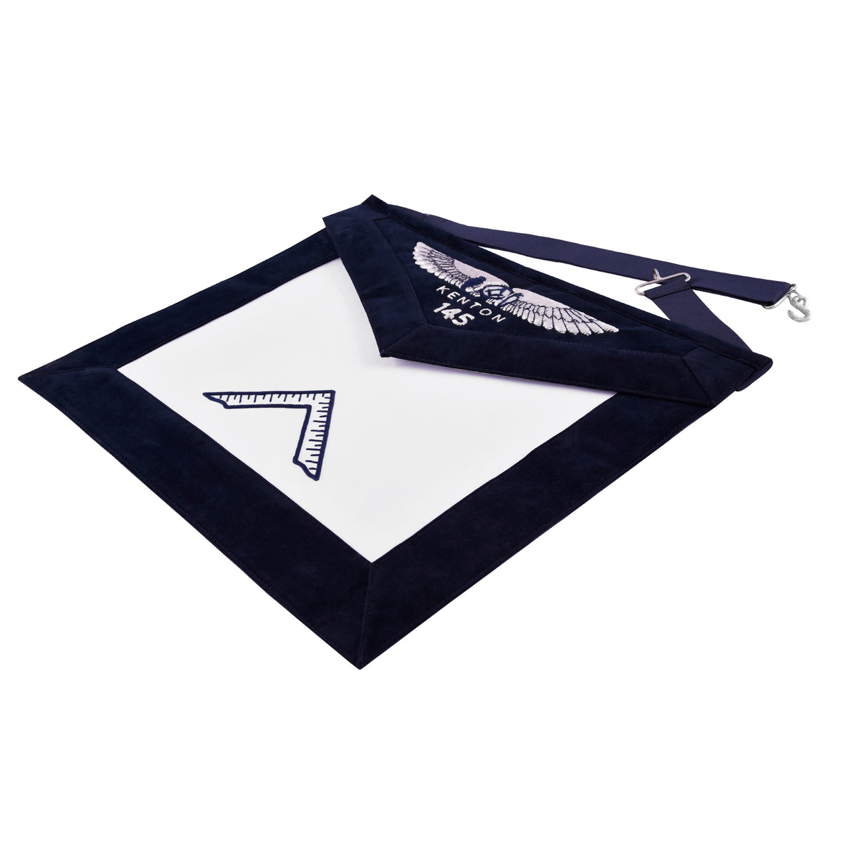 Worshipful Master Blue Lodge Officer Apron - Kenton Lodge Navy Velvet With Silver Embroidery Thread - Bricks Masons