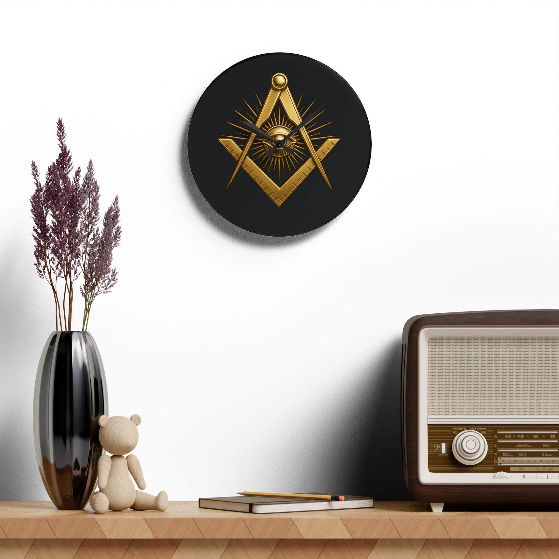 Master Mason Blue Lodge Clock - All Seeing Eye Within Square & Compass - Bricks Masons