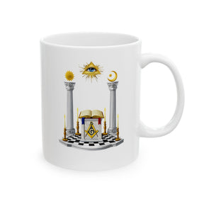 Master Mason Blue Lodge Mug - S&C G Altar Pillars & Eye on Checkered Floor - Bricks Masons