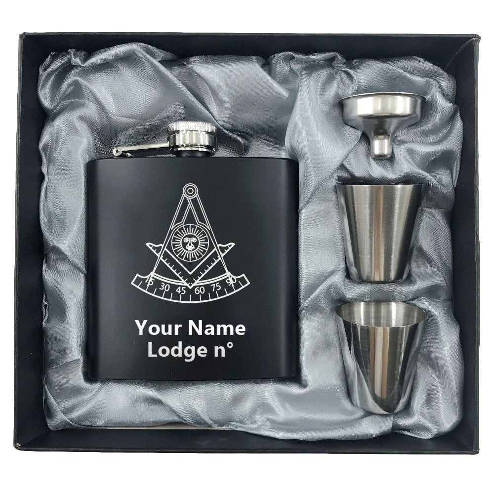 Past Master Blue Lodge California Regulation Flask - 2 Shot Glasses & Funnel - Bricks Masons