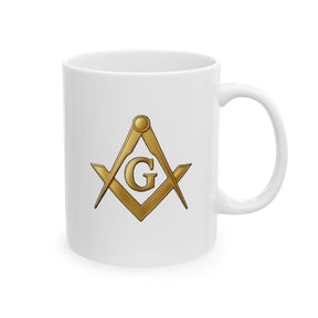 Master Mason Blue Lodge Mug - White with Gold Square & Compasses G - Bricks Masons