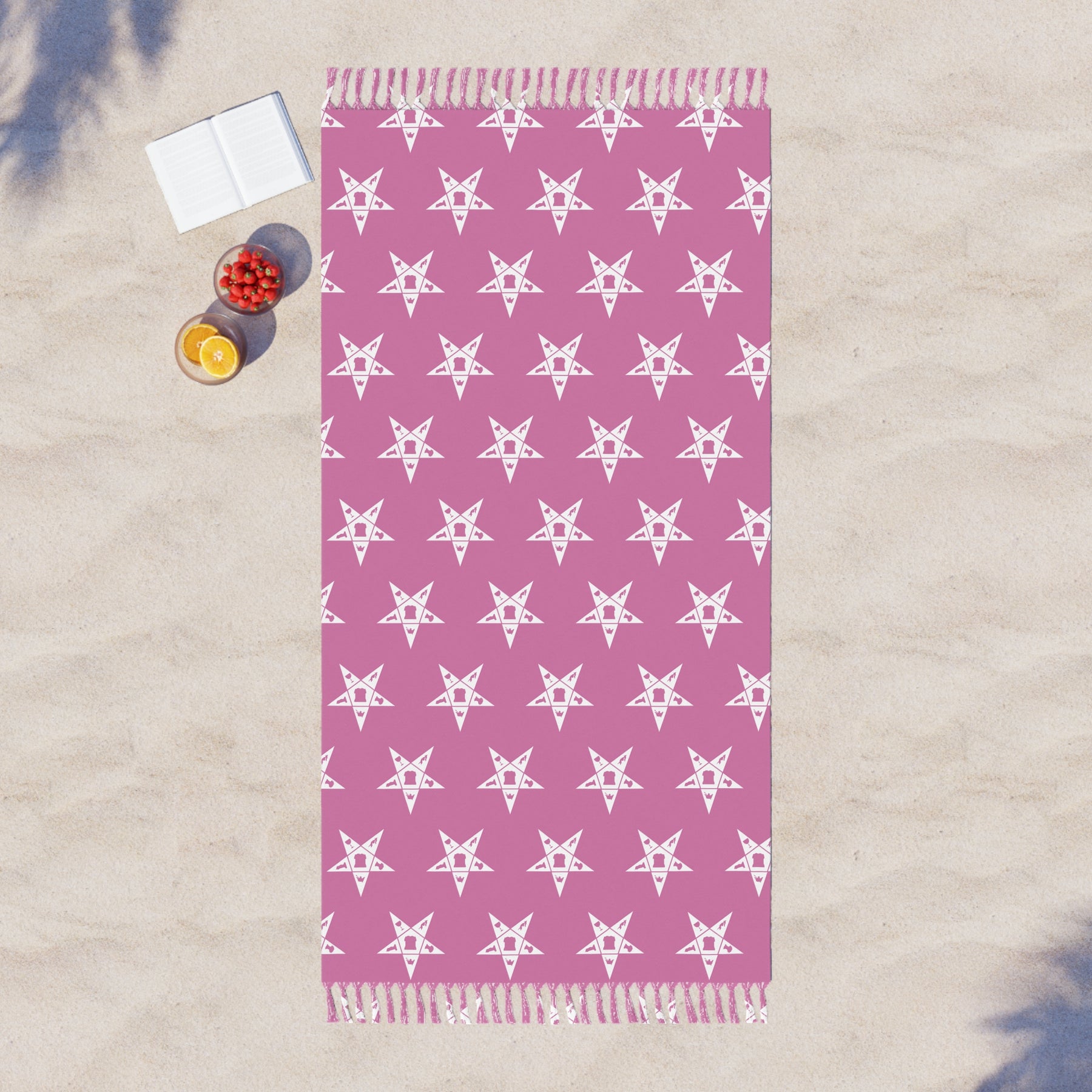 OES Towel - Beach Pink With White Stars Polyester With Knotted Tassels - Bricks Masons
