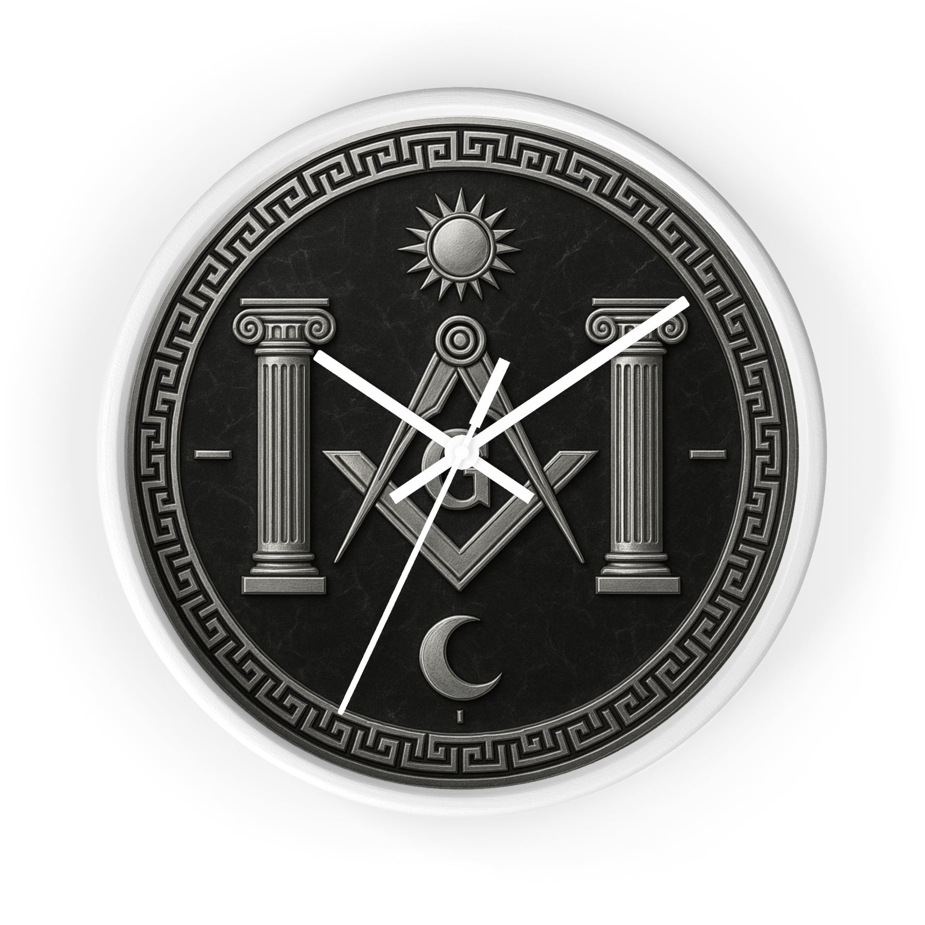 Master Mason Blue Lodge Clock - S&C with Pillars Sun & Moon on Wooden Frame - Bricks Masons