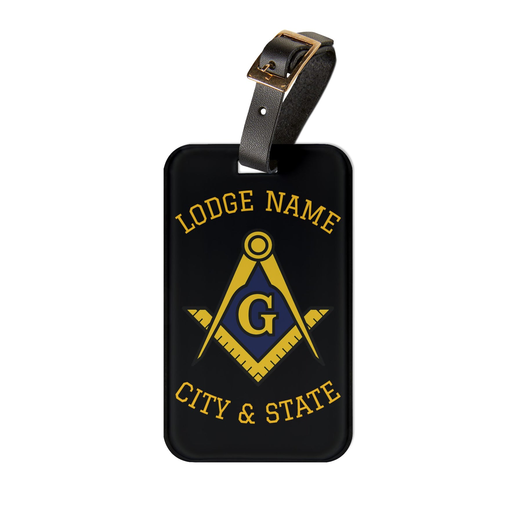 Master Mason Blue Lodge Luggage Tag - Personalizable Black S&C G With Black Leather Strap - Bricks Masons