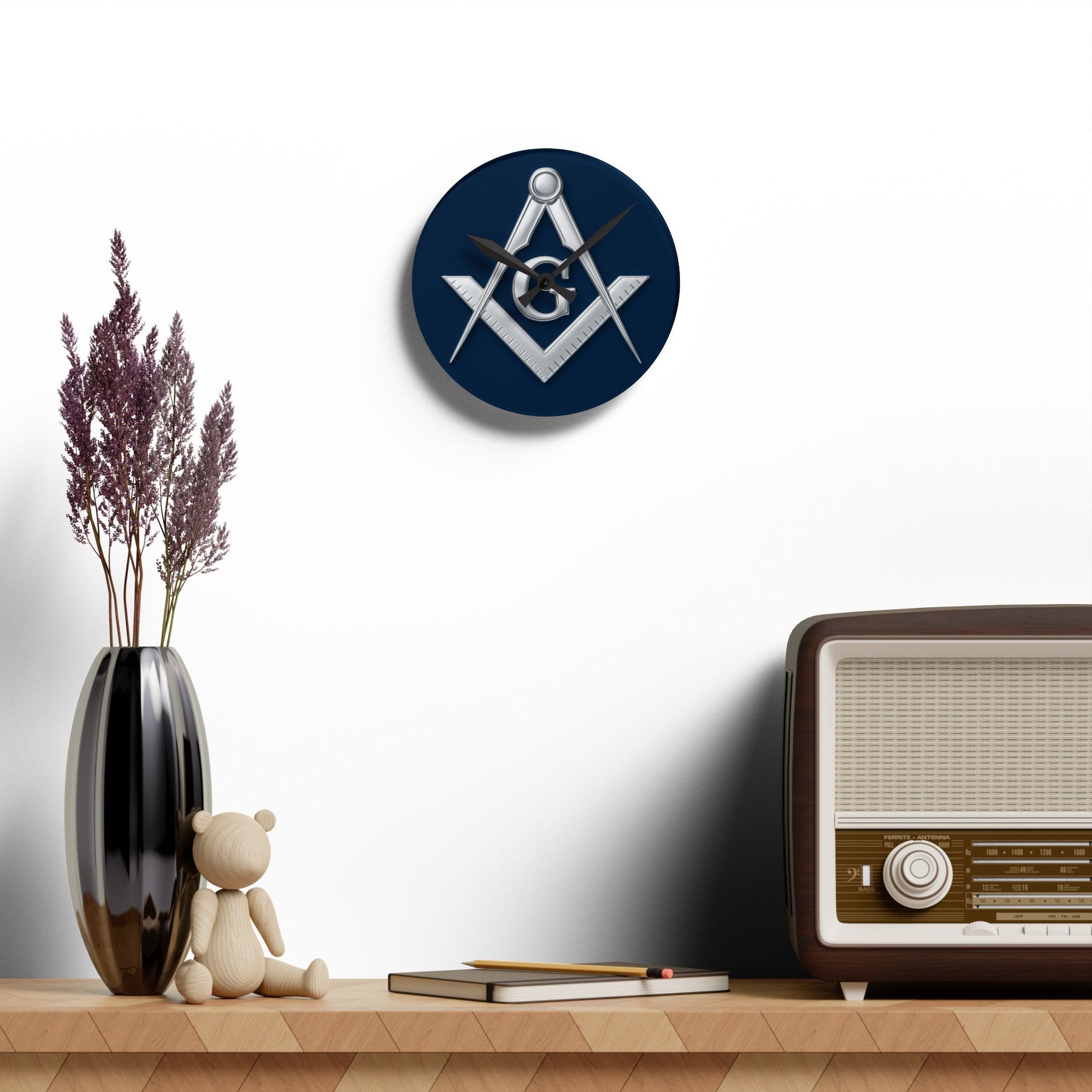 Master Mason Blue Lodge Clock - Compass & Square Symbol on Blue Dial - Bricks Masons