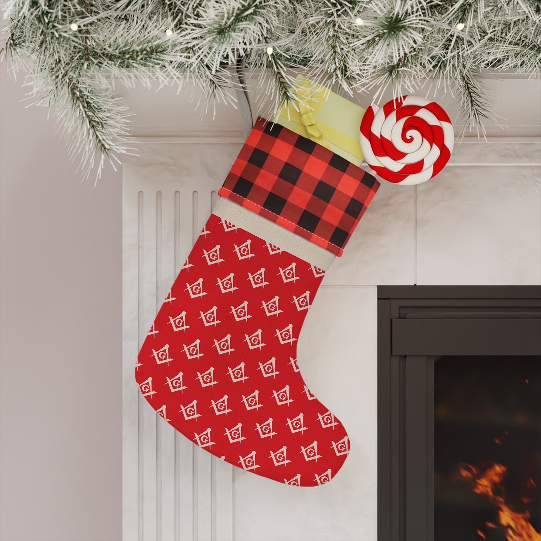 Master Mason Blue Lodge Christmas Stocking - Square & Compass G Emblem Tiled Print - Bricks Masons