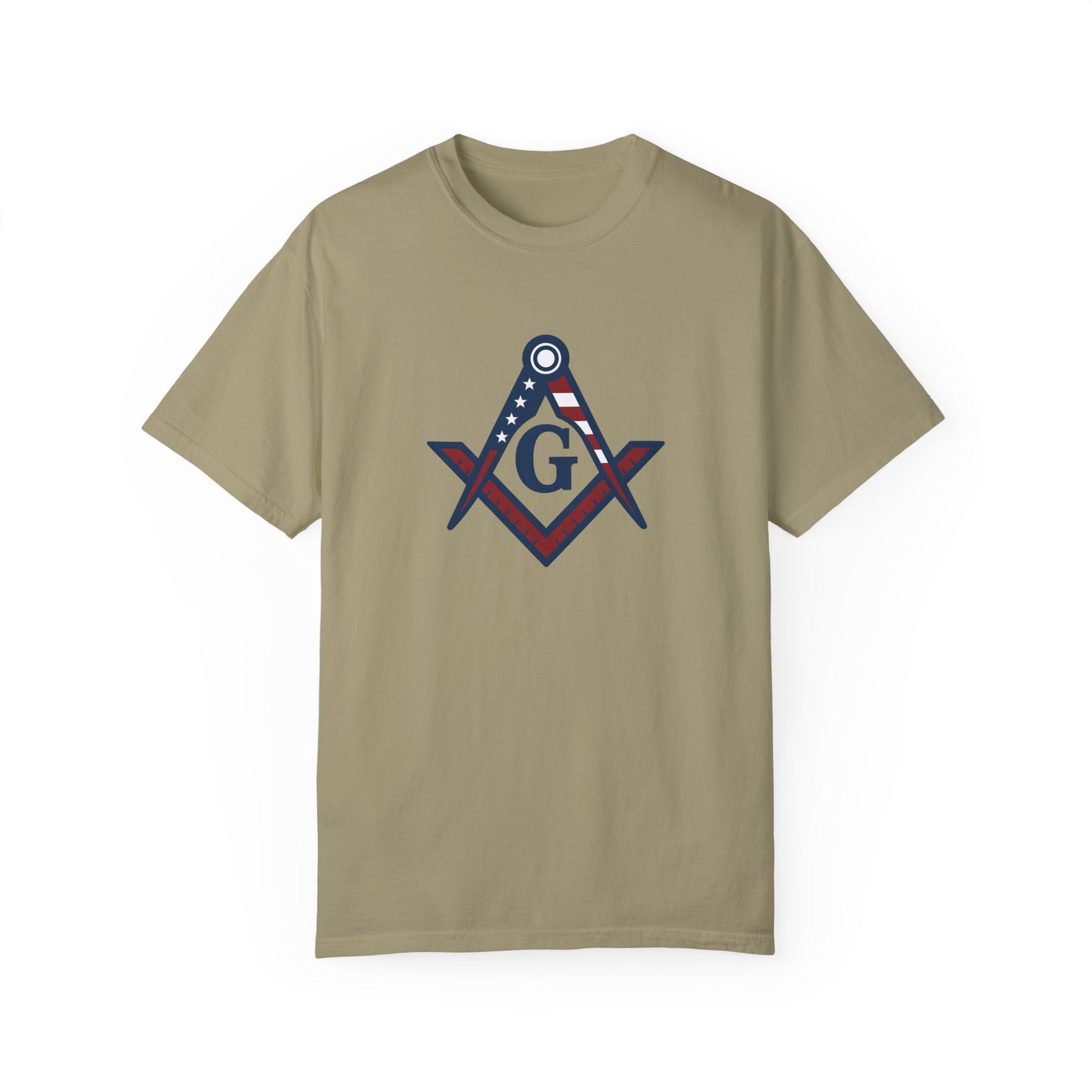 Master Mason Blue Lodge T-Shirt - Garment-Dyed USA Flag Mason - Bricks Masons
