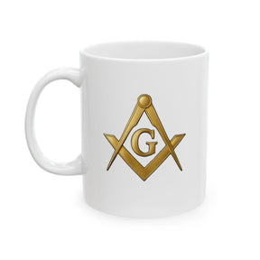 Master Mason Blue Lodge Mug - White with Gold Square & Compasses G - Bricks Masons