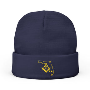 Master Mason Blue Lodge Beanie - Knit Embroidery Gold Square & Compass G Florida Mason - Bricks Masons