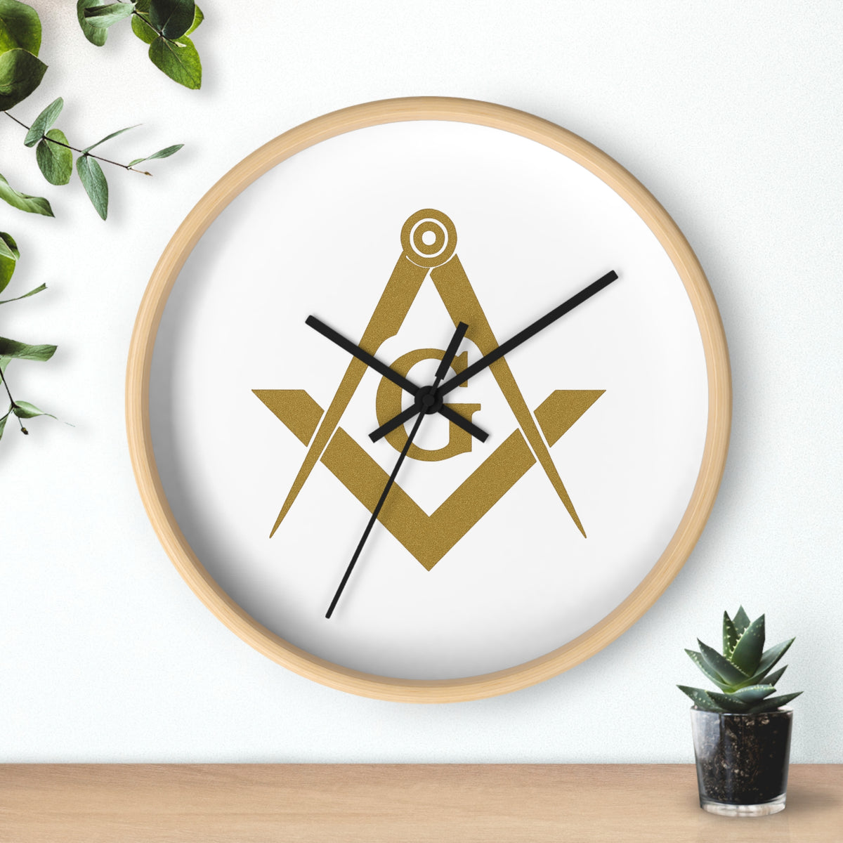Master Mason Blue Lodge Clock - Golden Square & Compass G on White Dial - Bricks Masons