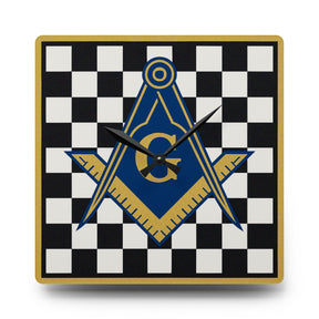 Master Mason Blue Lodge Clock - Golden Compass & Square G on Checkered Dial - Bricks Masons