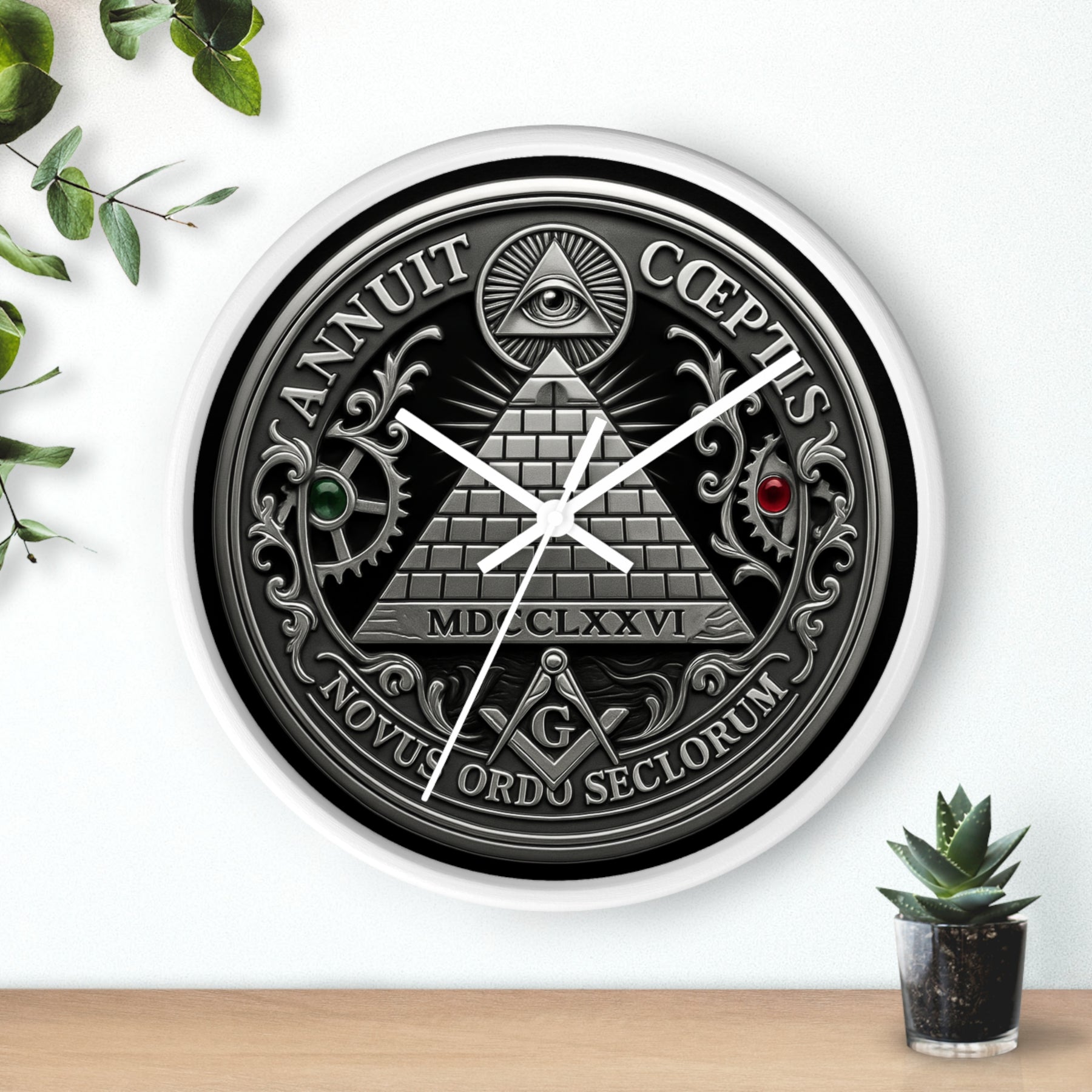 Master Mason Blue Lodge Clock - S&C with Pyramid & All Seeing Eye Latin Motto - Bricks Masons