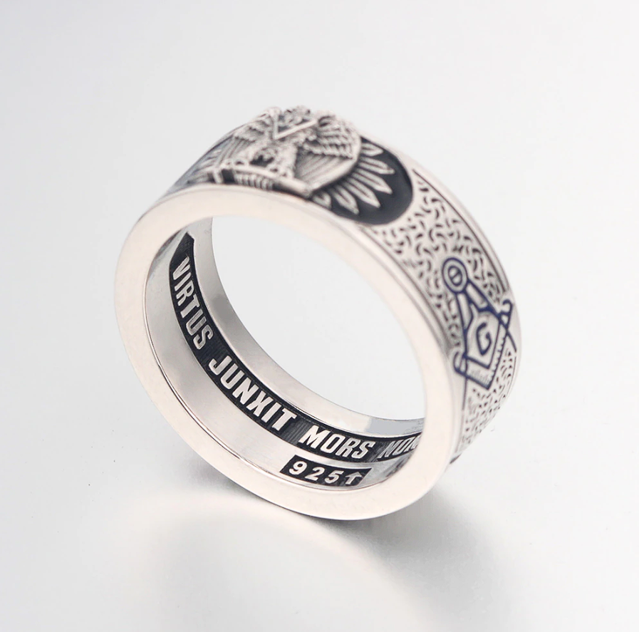 32nd Degree Scottish Rite Ring - 925 Sterling Silver/ 14k Real Gold Eagle - Bricks Masons