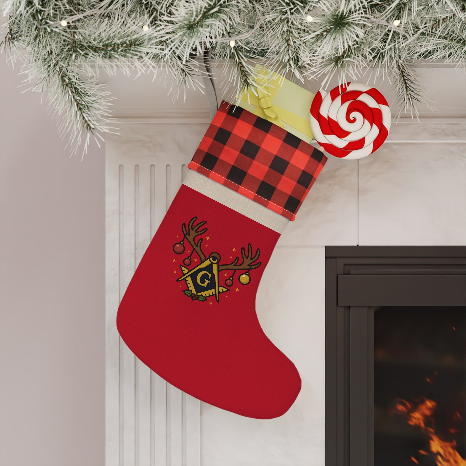 Master Mason Blue Lodge Christmas Stocking - Square & Compass G Holiday Design - Bricks Masons