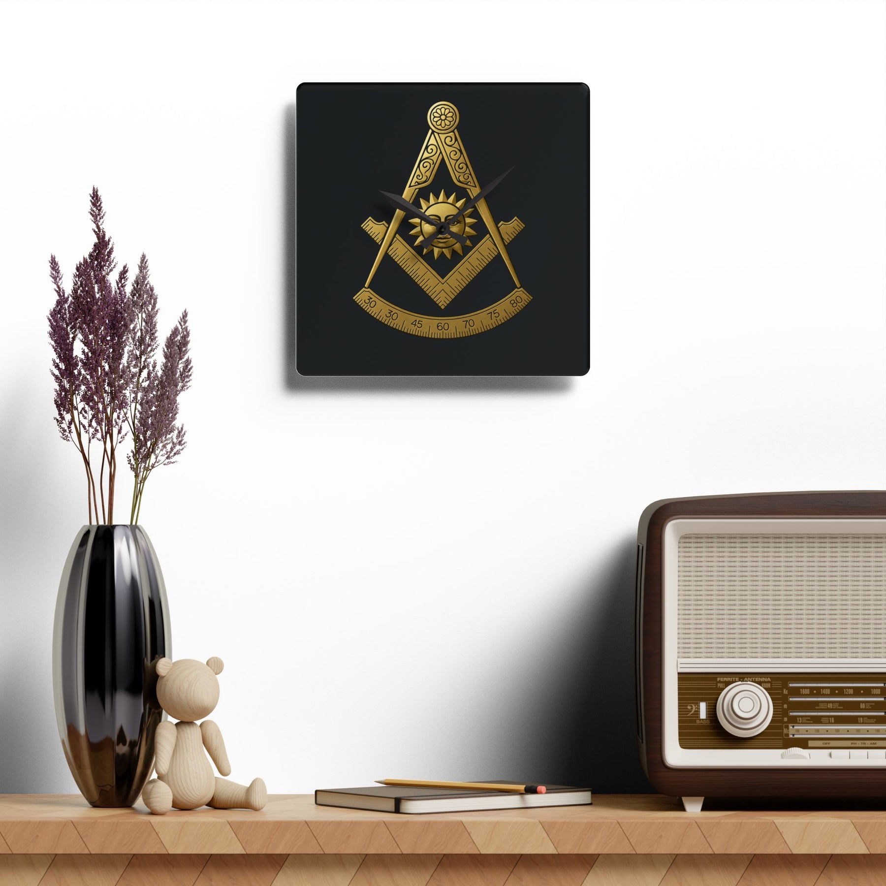 Past Master Blue Lodge Clock - Square Compass Sun & Quadrant Emblem on Clear Acrylic - Bricks Masons