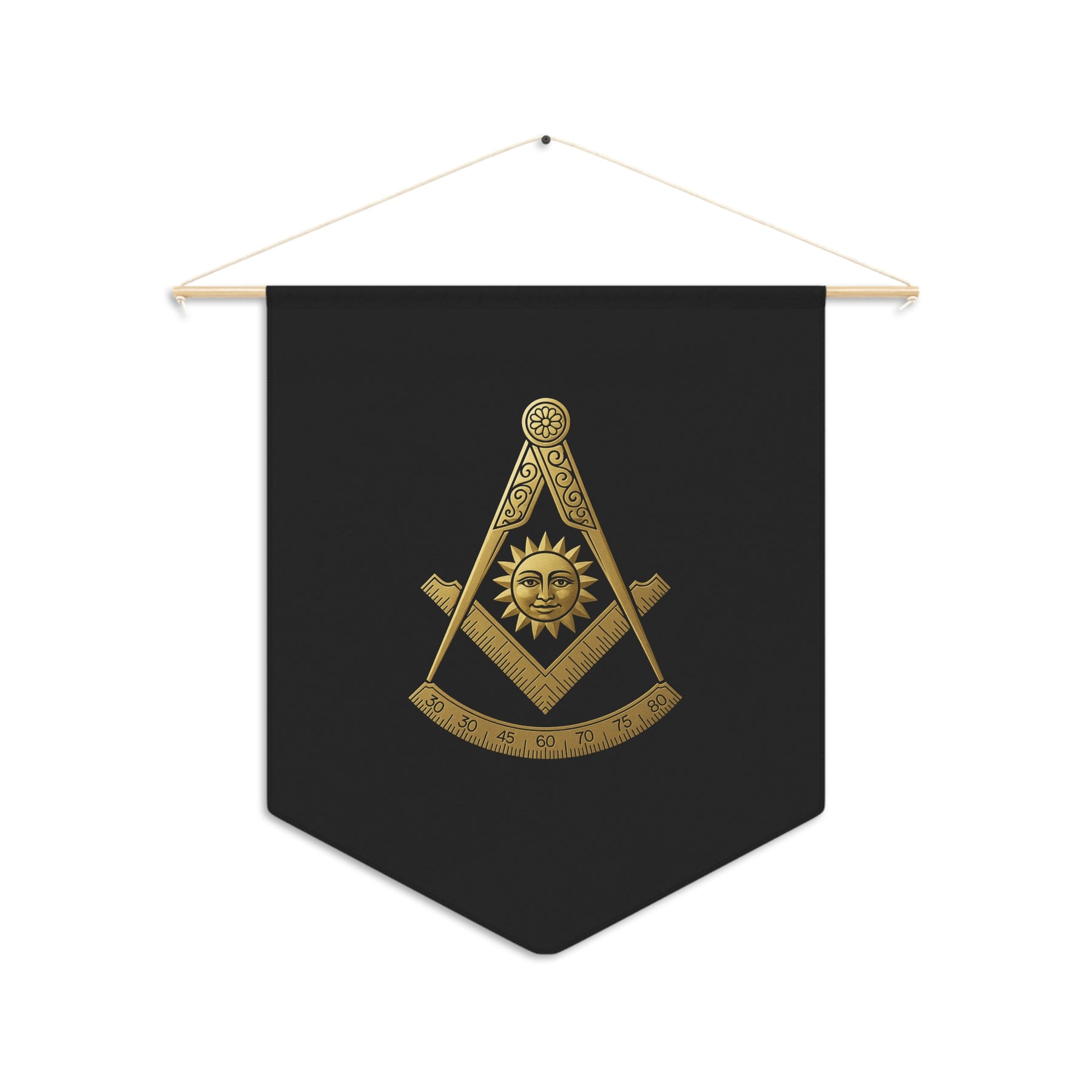 Past Master Blue Lodge Pennant - S&C with Sun and Quadrant on Black Polyester Twill - Bricks Masons