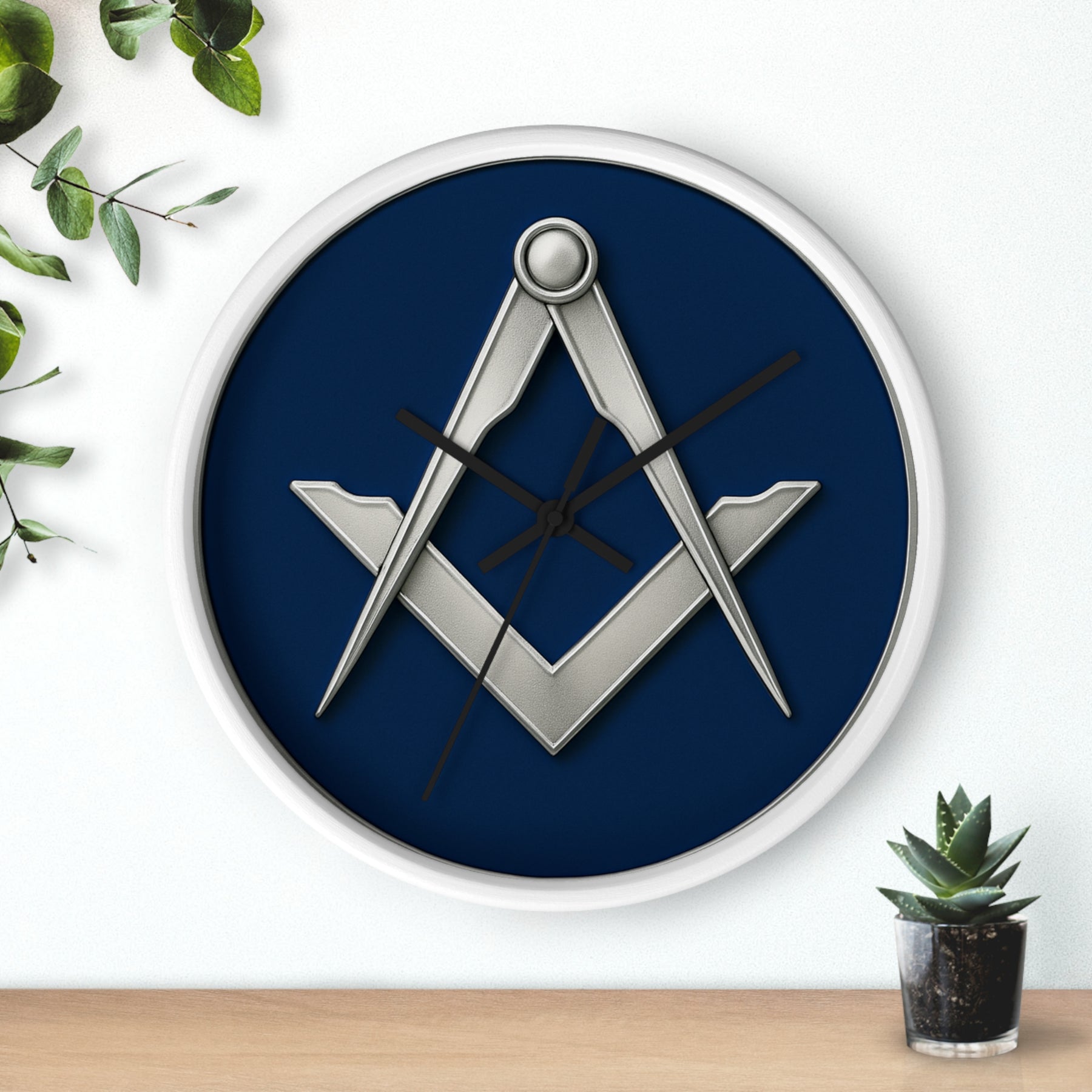 Master Mason Blue Lodge Clock - Minimalist Square & Compass in Wooden Frame - Bricks Masons