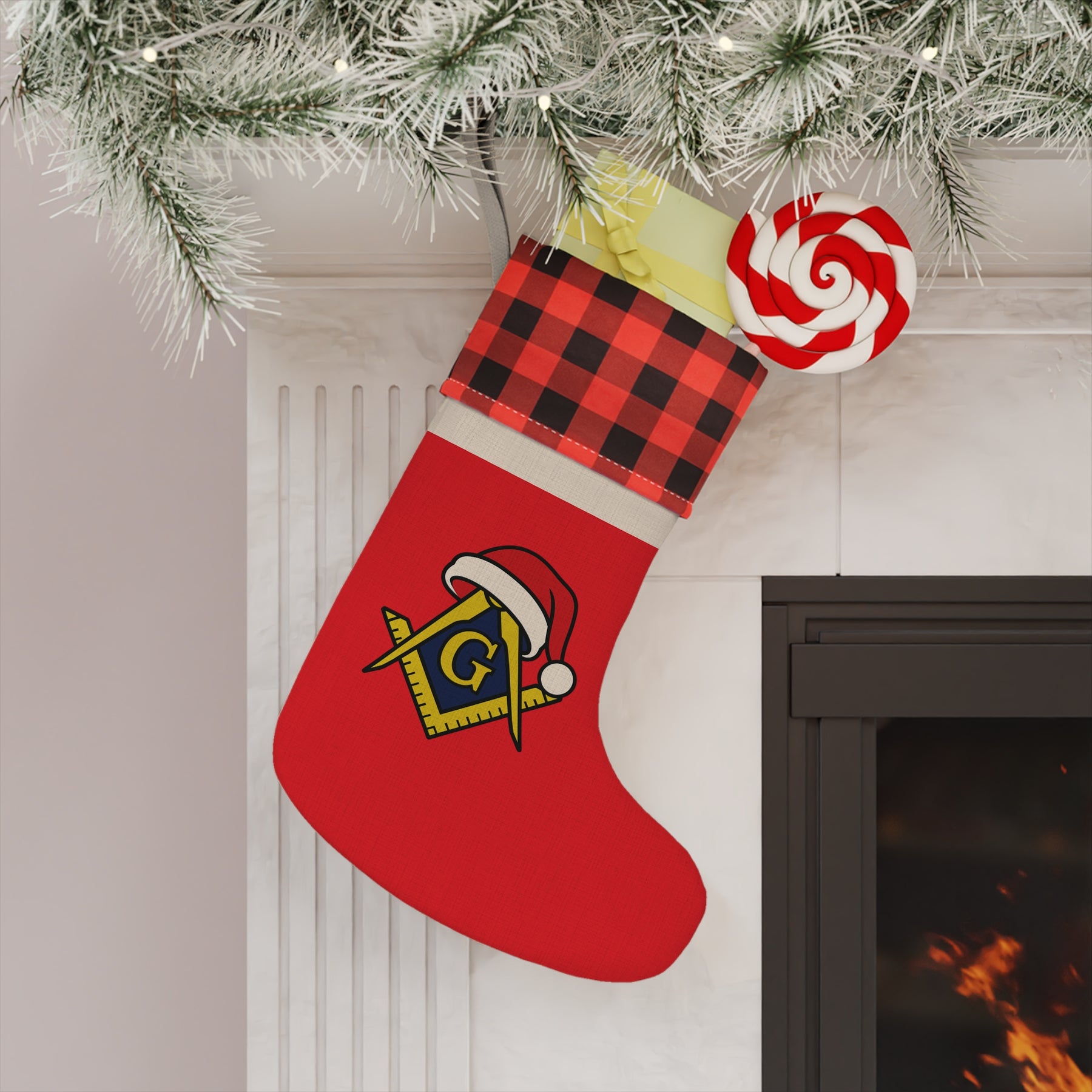 Master Mason Blue Lodge Christmas Stocking - Square & Compass G Emblem - Bricks Masons