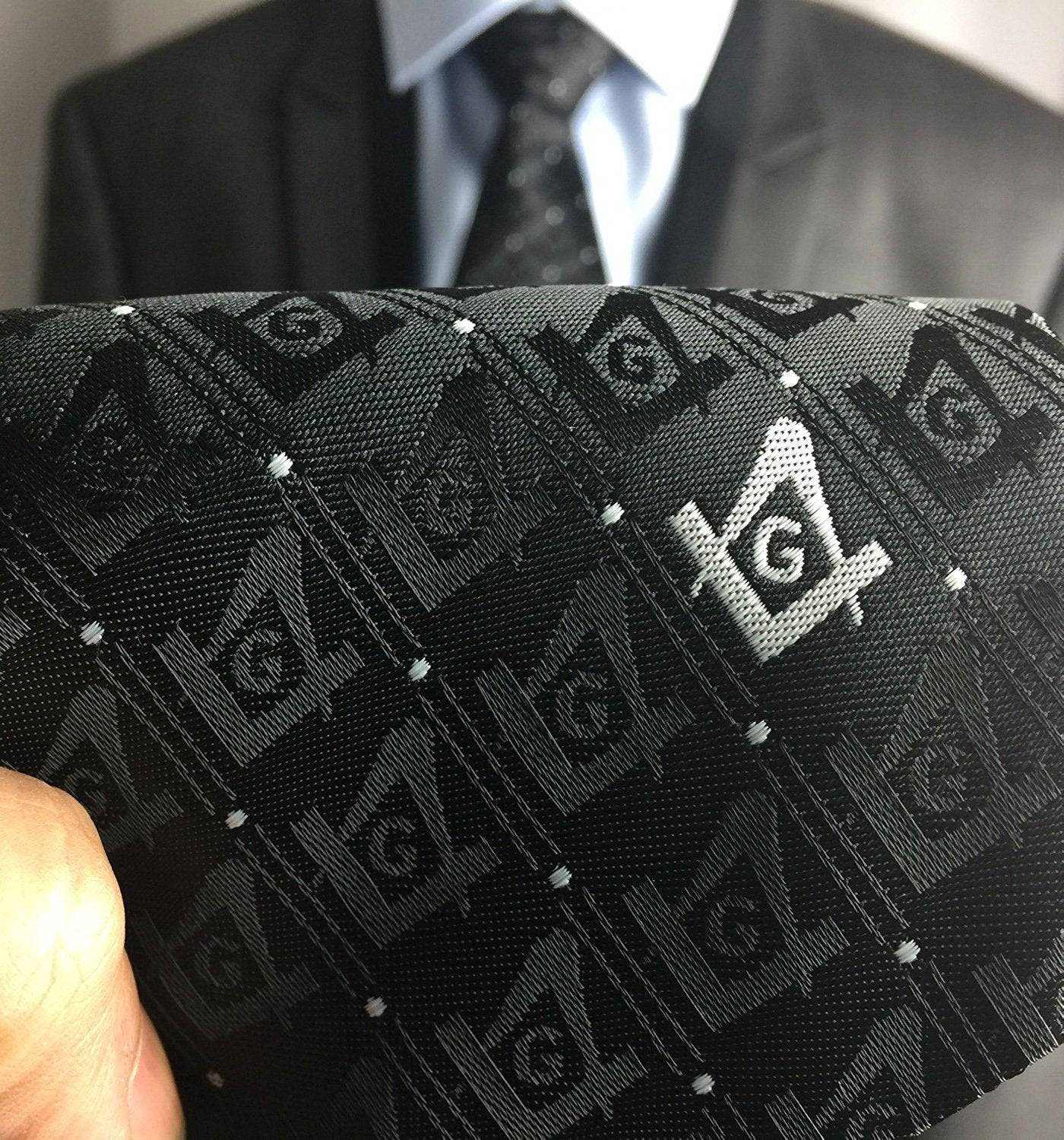 Master Mason Blue Lodge Necktie - Black with Polkadot Square & Compass G