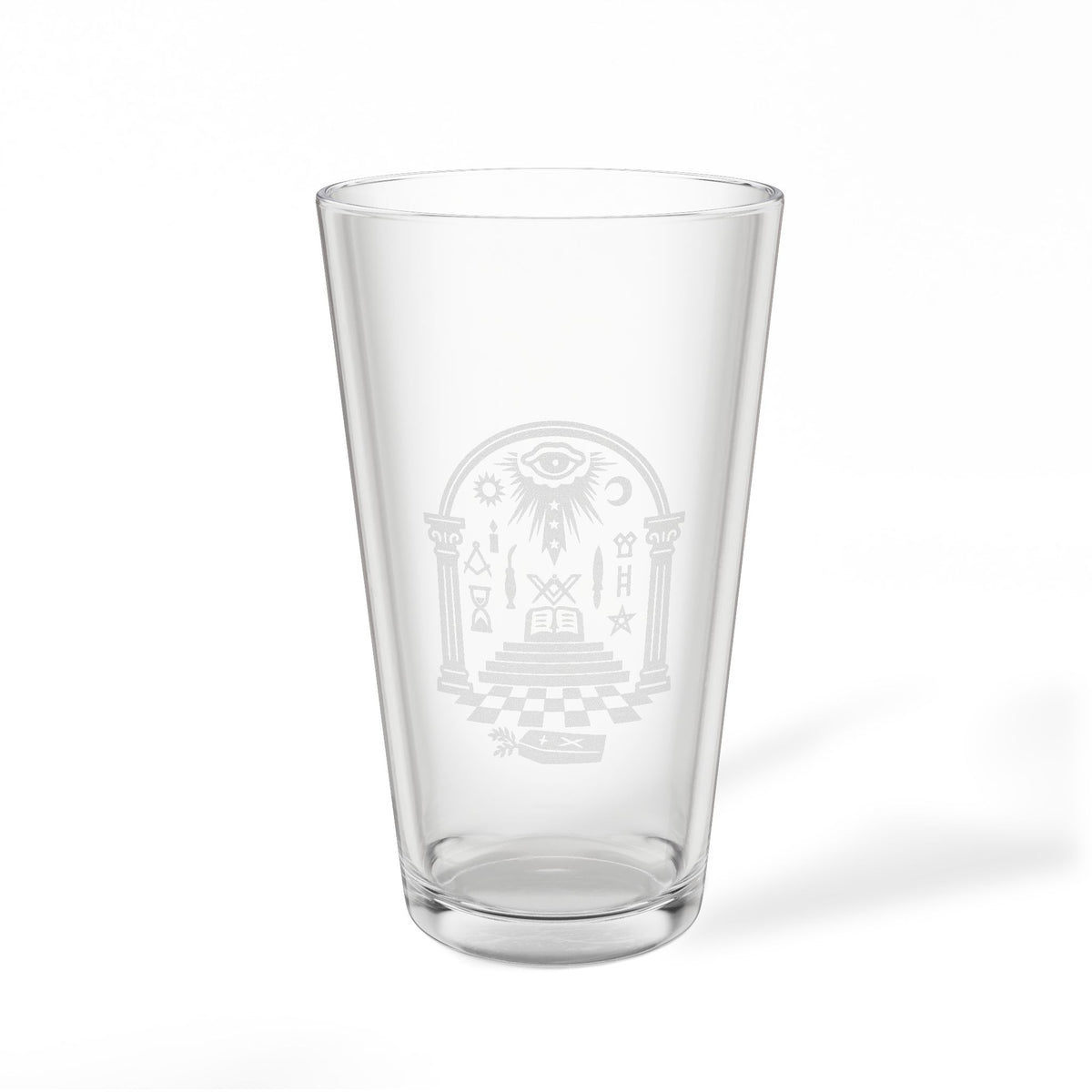 Master Mason Blue Lodge Pint Glass - Checkered Floor Pillars All-Seeing Eye & Tools - Bricks Masons