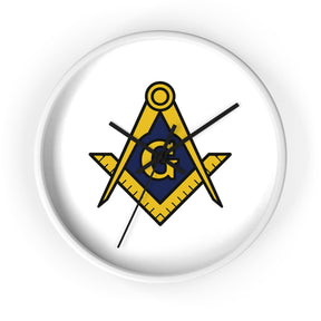 Master Mason Blue Lodge Clock - Wood Frame with Golden Square & Compass G - Bricks Masons