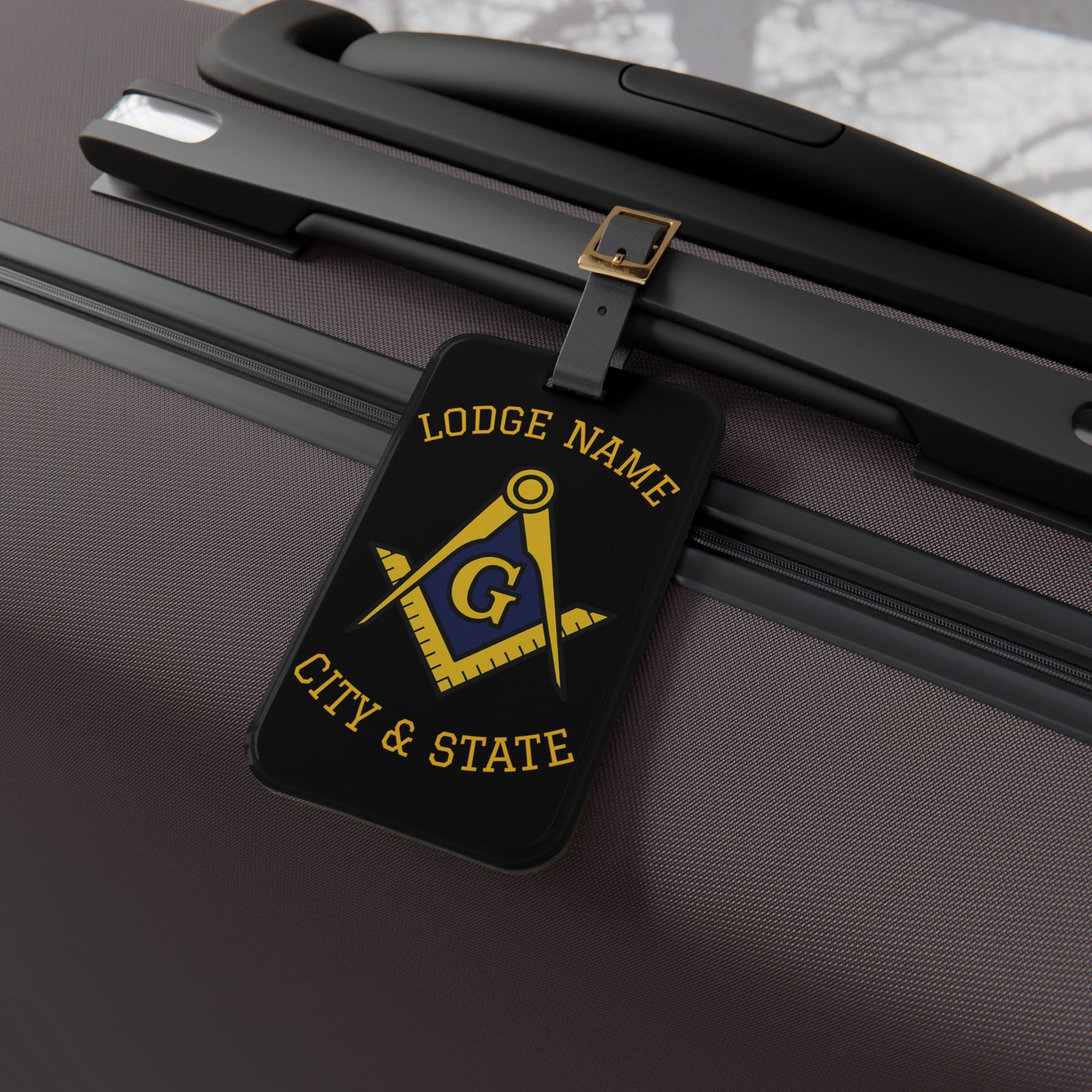 Master Mason Blue Lodge Luggage Tag - Personalizable Black S&C G With Black Leather Strap - Bricks Masons