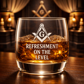 Master Mason Blue Lodge Whiskey Glass - Refreshment On The Level Square & Compass G - Bricks Masons