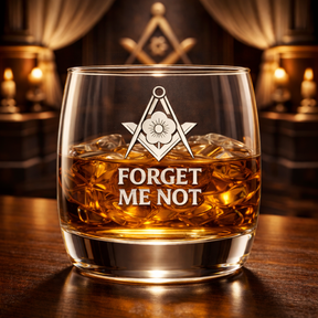 Master Mason Blue Lodge Whiskey Glass - Square & Compasses Forget Me Not - Bricks Masons