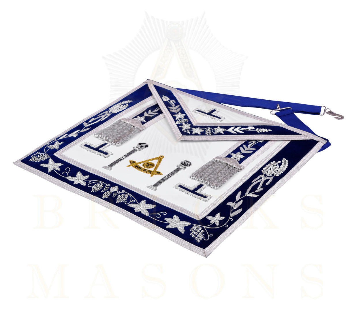 Past Master Blue Lodge Apron - Navy Velvet & Silver Bullion Hand Embroidery With Pillars - Bricks Masons