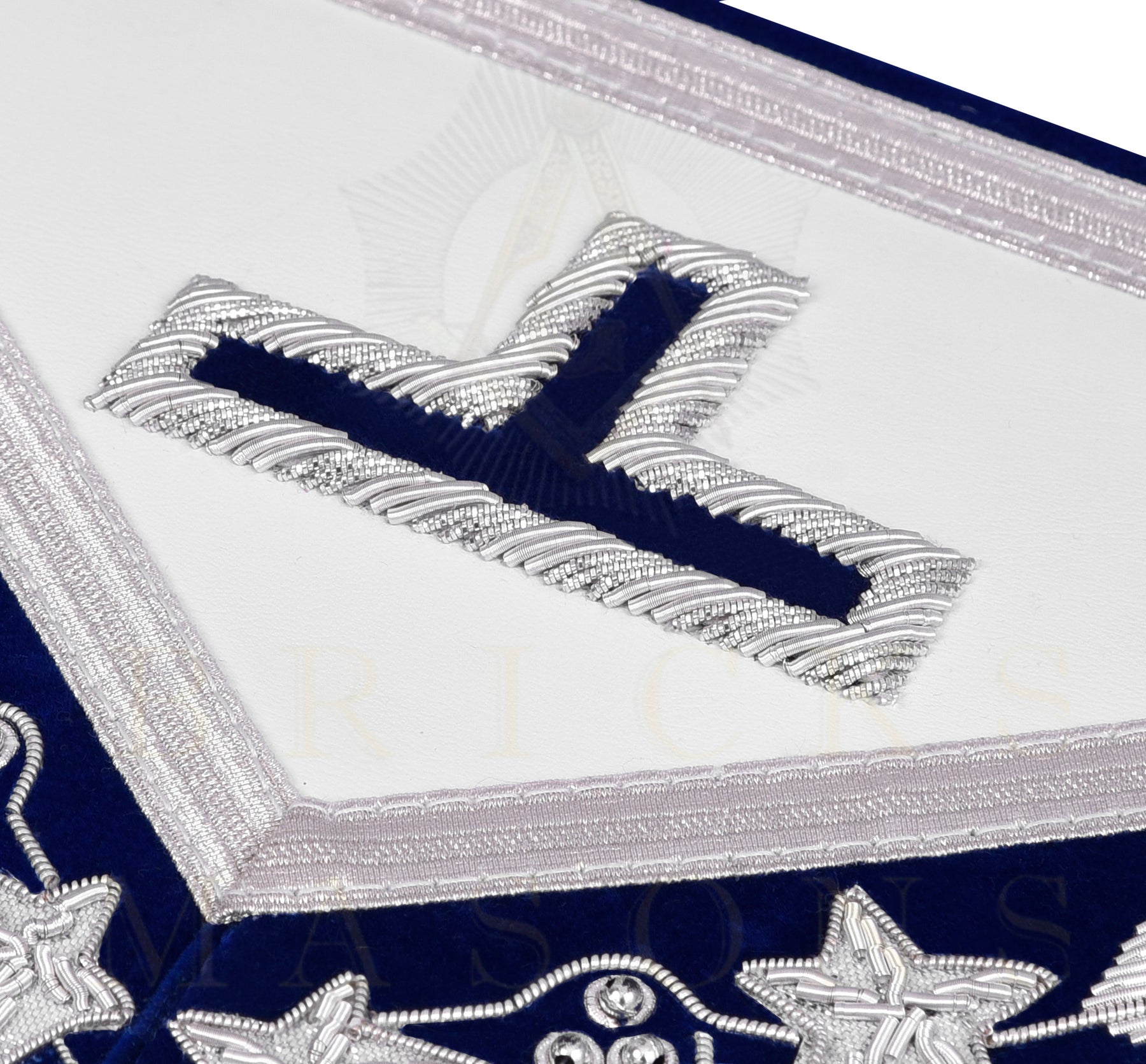 Past Master Blue Lodge Apron - Navy Velvet & Silver Bullion Hand Embroidery With Pillars - Bricks Masons