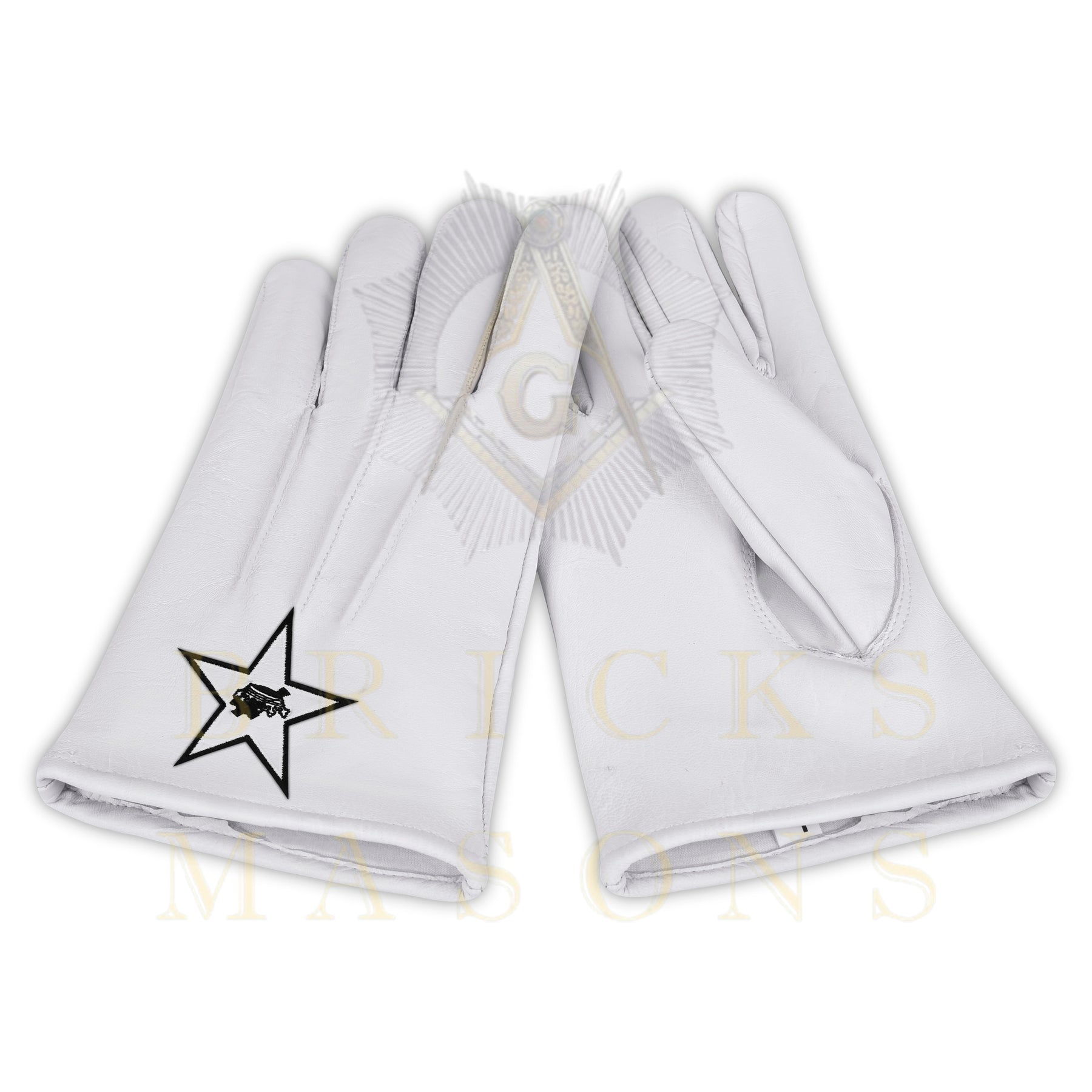 Lady Knights HoTC Gloves - White Leather Black Star Cross & Crown - Bricks Masons