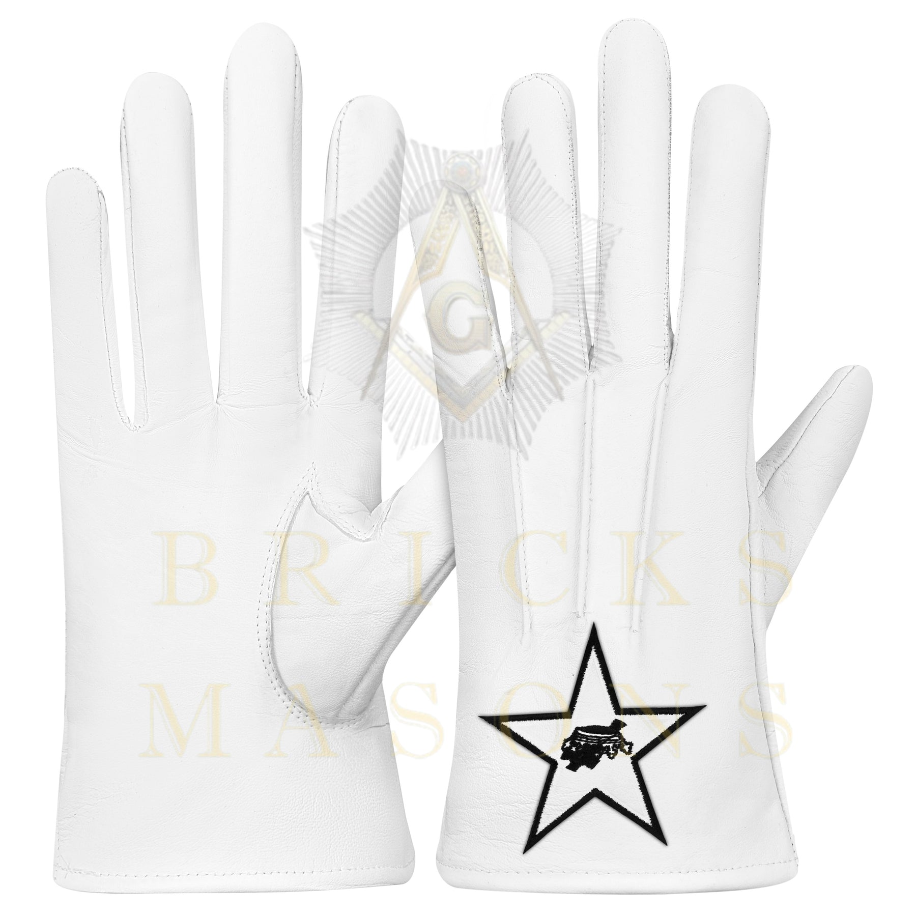 Lady Knights HoTC Gloves - White Leather Black Star Cross & Crown - Bricks Masons