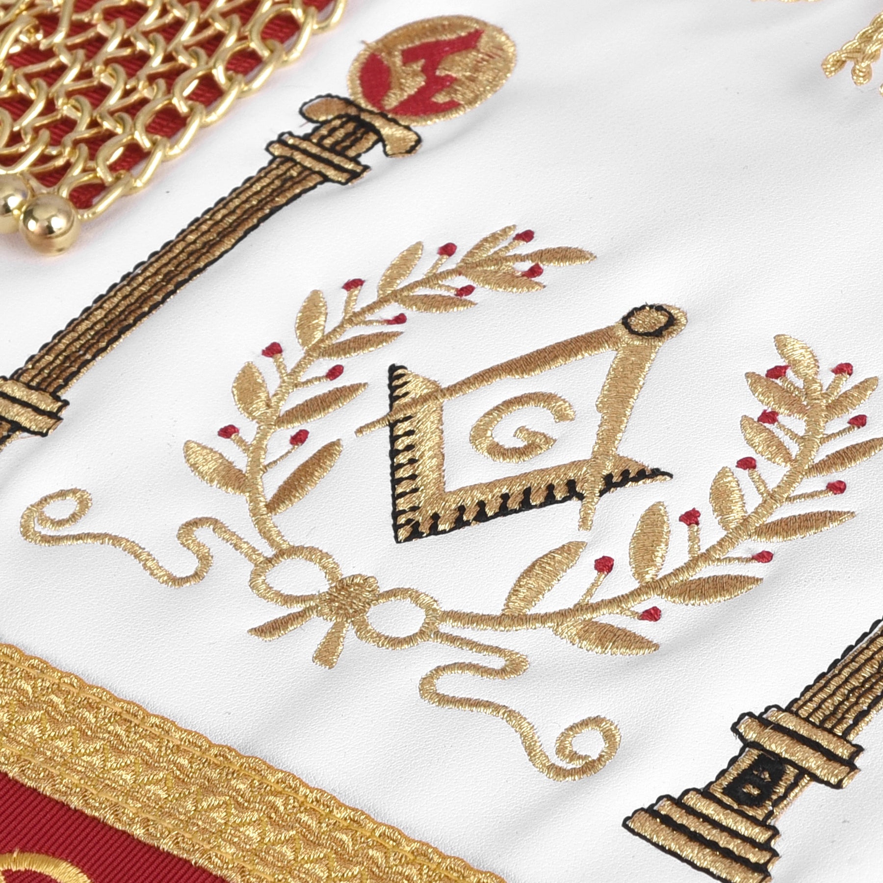 Master Mason Blue Lodge Apron - Red & Gold Hand Embroidery Bullion With Wreath & Pillars