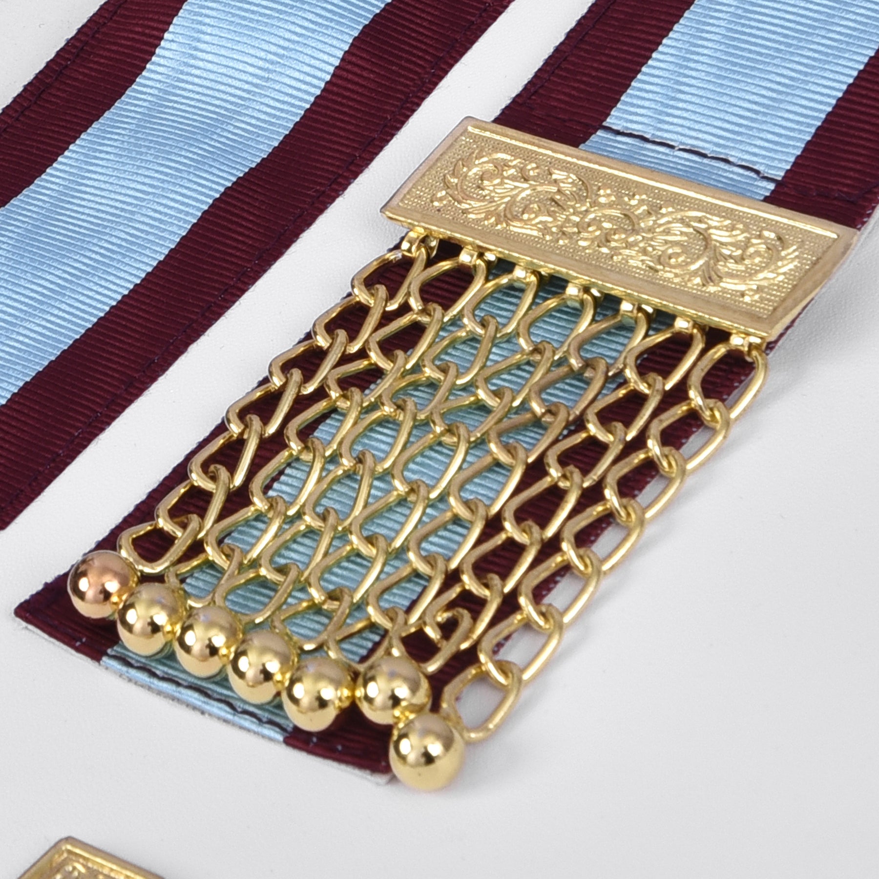 Worshipful Master Emulation Rite English Regulation Apron - Turquoise & Maroon Moire with Gold Triple Taus