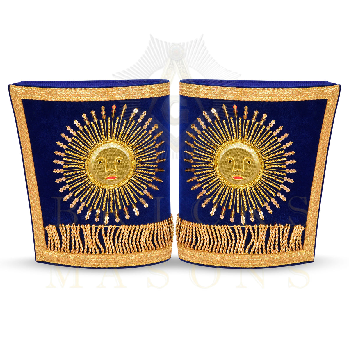 Grand Master Blue Lodge Cuff - Hand-embroidered Gold Sun & Blue Velvet - Bricks Masons