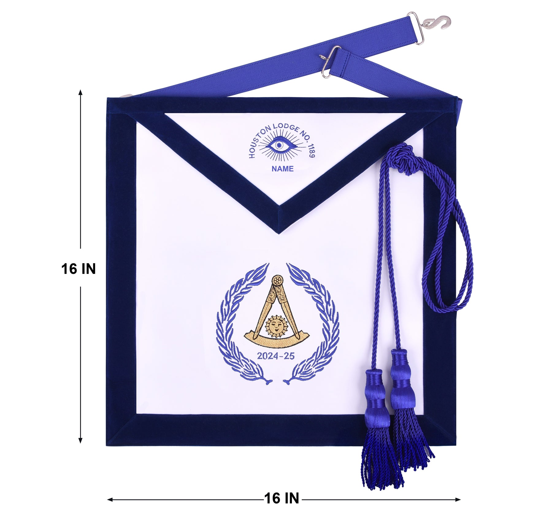 Grand Past Master Blue Lodge Apron - Customizable Blue Velvet With Machine Embroidery - Bricks Masons