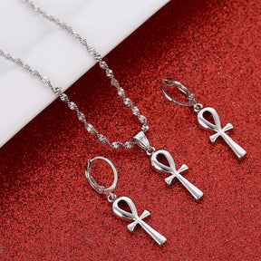 Ancient Egypt Jewelry Set - Silver Color Ankh Cross - Bricks Masons