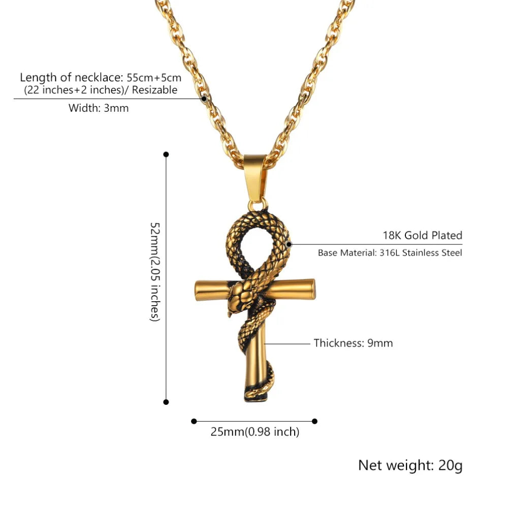 Ancient Egypt Necklace - Ankh Cross With Snake Pendant Stainless Steel - Bricks Masons