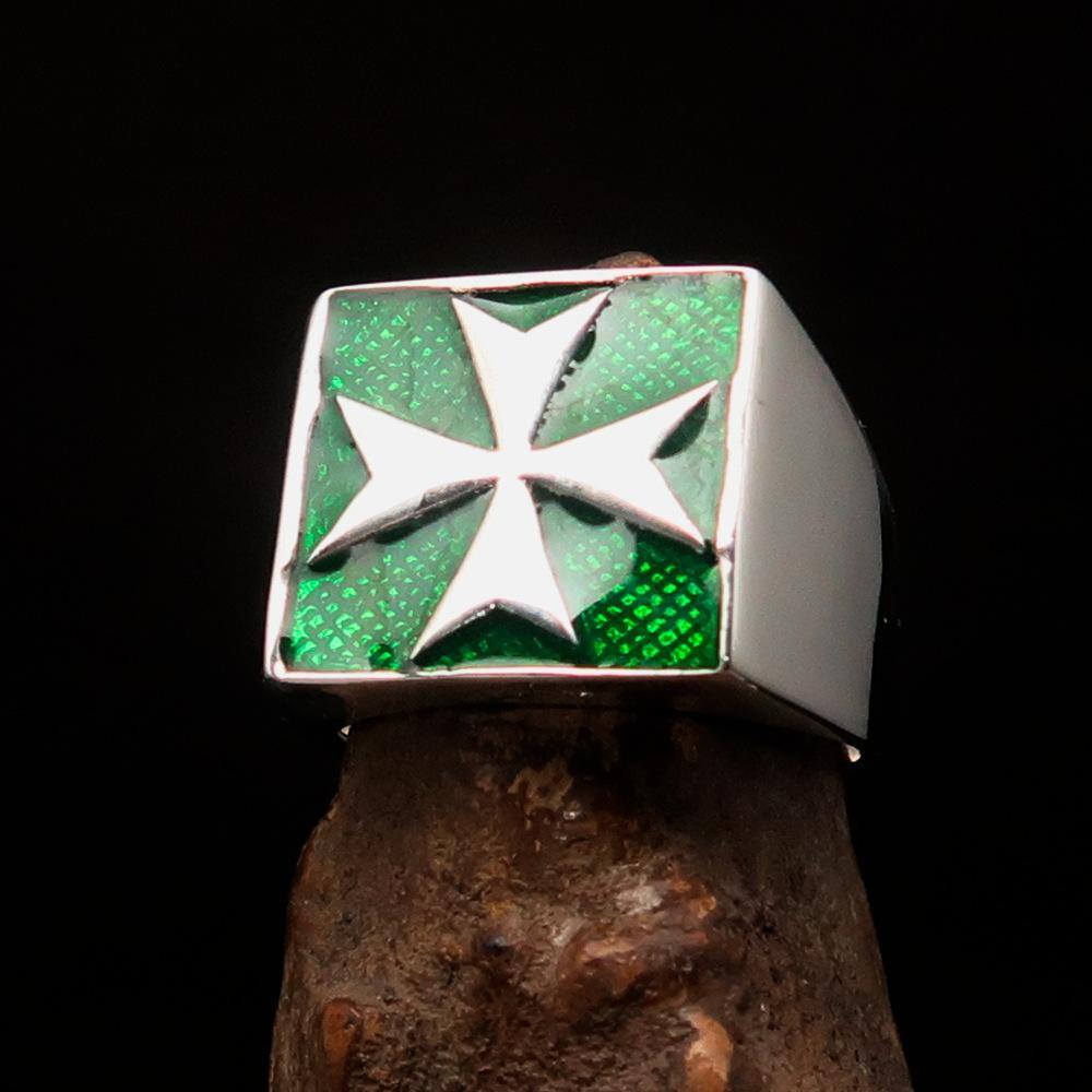 Order of Malta Commandery Ring - Green & Silver Cross Sterling Silver