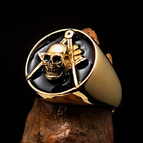 Master Mason Blue Lodge Ring - Gold & Black Solid Brass With Skull Square Compass