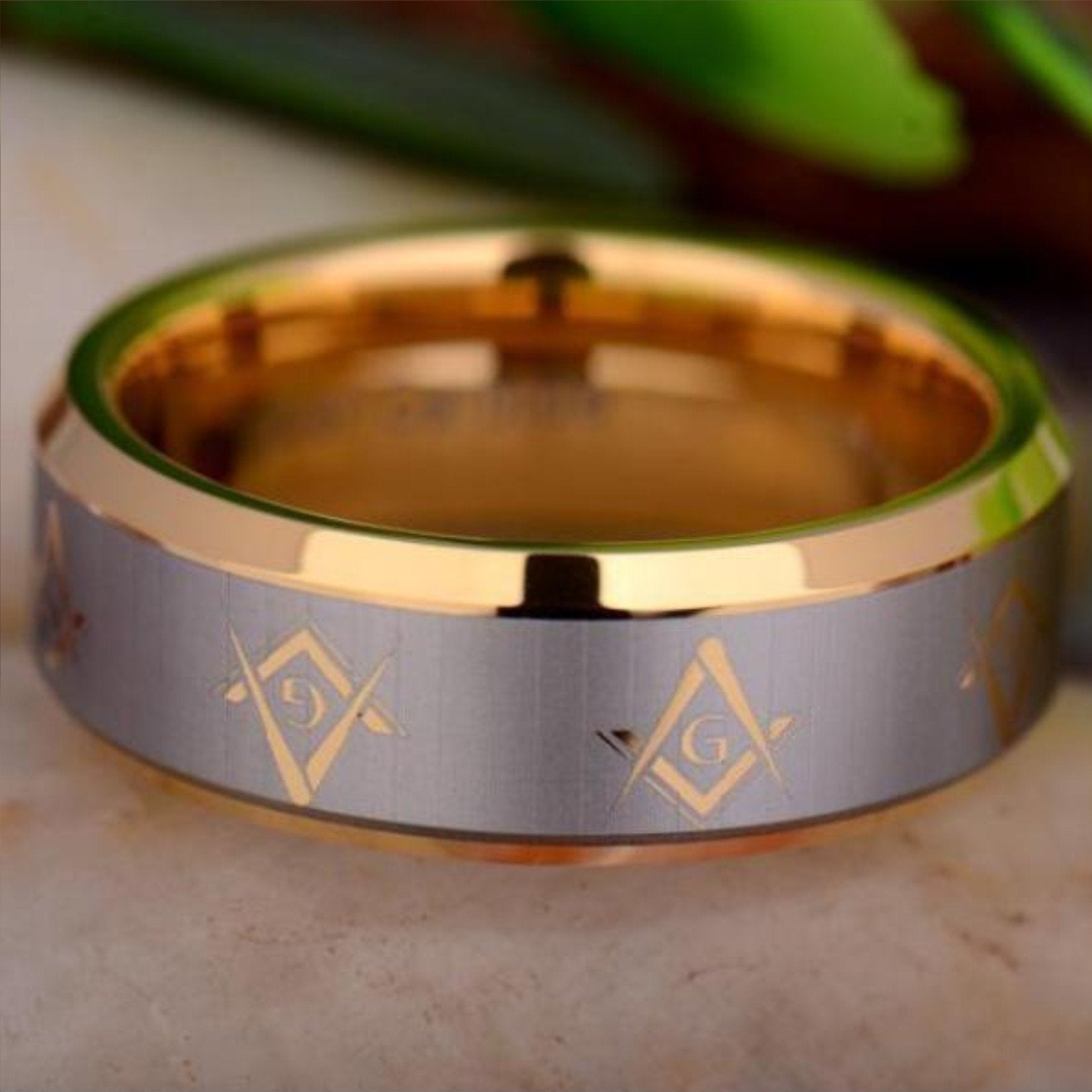 Master Mason Blue Lodge Ring - Gold Beveled Tungsten Personalizable