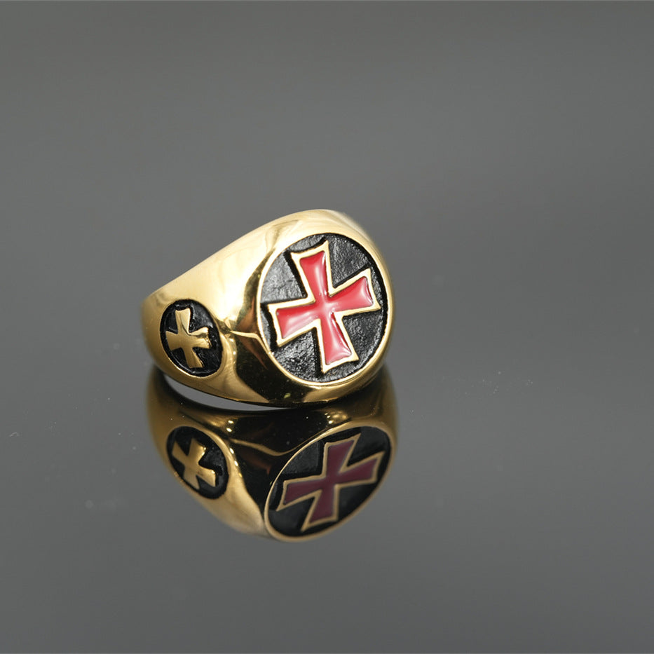 Red Cross of Constantine Ring -  Gold Titanium Steel With Red Cross - Bricks Masons